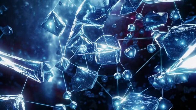 Luminous geometric network structure with glowing blue spherical nodes interconnected by ethereal light streams. Dynamic neural pathways pulse with energy in infinite dark void. 