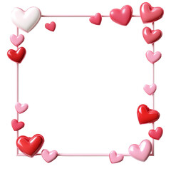 A pink square frame is decorated with numerous glossy red and pink hearts on a white background.