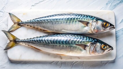 Naklejka premium Minimalist Seafood Photography: Fresh Mackerel on White Chopping Board - Stock Image