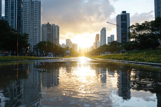 Sunset reflections on urban streets cityscape photography after rain low angle disaster risk reduction initiative incorporating lifecycles