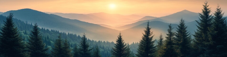 A mountain range with a sun setting behind it