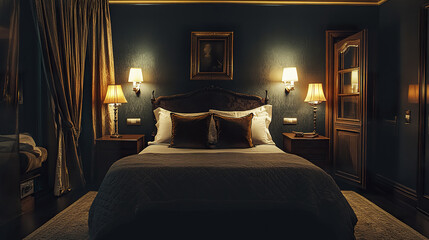 Cozy bedroom with dark walls and plush bed, warm lighting enhances ambiance