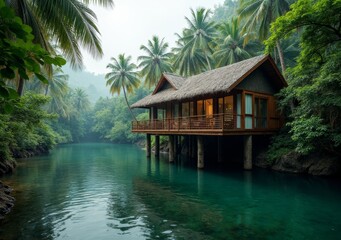 Fototapeta premium Tranquil riverside cabin surrounded by lush palm trees in serene tropical setting