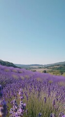Naklejka premium Tranquil lavender fields under a clear daytime sky, with rows of purple flowers stretching to the horizon. Captures the tranquility and beauty of nature