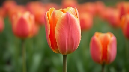 A single, vibrant orange-pink tulip in sharp focus, surrounded by a bokeh of similar blossoms in a lush green field, bathed in soft, natural light.