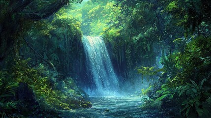 Fototapeta premium Tranquil Waterfall in a Dense Forest