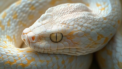 Fototapeta premium Close-up View of an Albino Python with Distinctive Yellow Pattern and Unique Eye Texture, Showcasing the Intricate Details of Its Scales and Serpentine Form