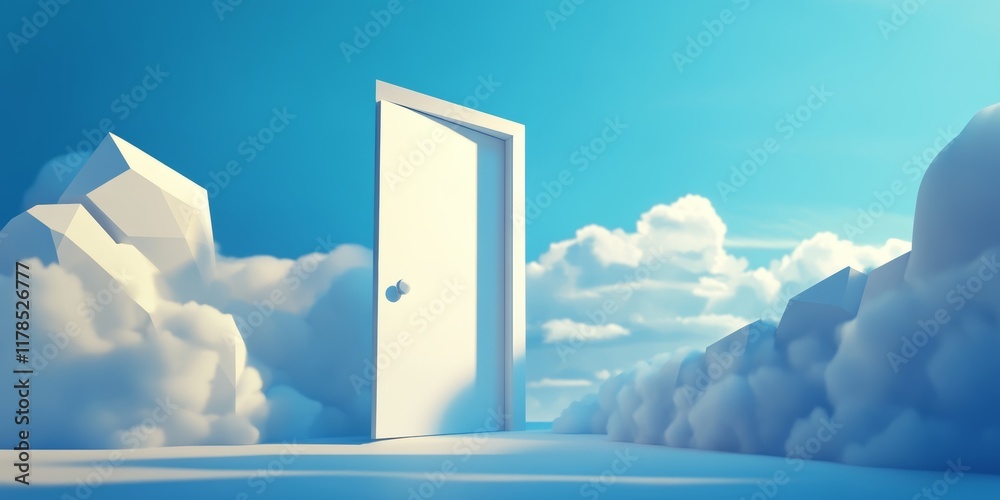 Canvas Prints a white door is open in front of a blue sky with clouds. the scene is set in a fantasy world with a 