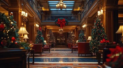 Fototapeta premium A beautifully decorated hotel lobby during the holiday season