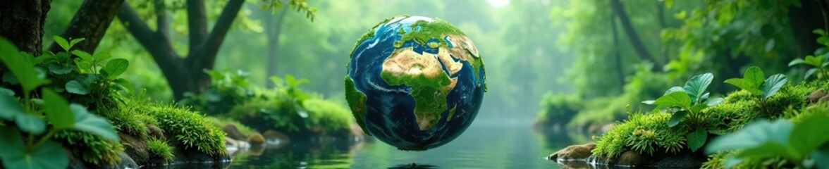 Earth suspended in air with lush foliage and water features, green, tranquility