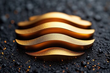 Obraz premium Gold waves symbol on dark textured background with sparkles.