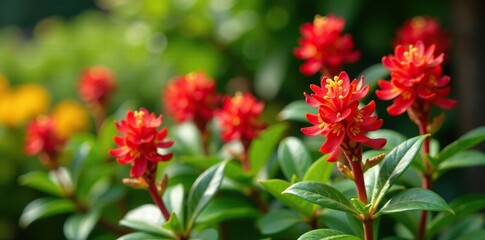 Fototapeta premium Euphorbia Geroldi flowers bloom in a botanical garden, greenery, red flowers