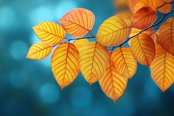 Obraz premium Golden autumn leaves on branch with blurred blue forest background.