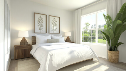 Bright bedroom with large bed and crisp white linens