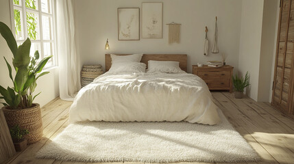 Cozy bedroom with plush white rug and wooden floors