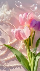 Obraz premium Colorful flowers on pink background with dots. Uses: wallpaper, cards, social media, stationery, art prints.