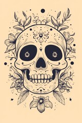 A captivating floral skull design featuring intricate line art and detailed flowers, perfect for artistic expressions and creative projects.
