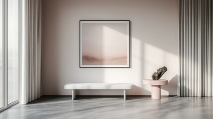 Fototapeta premium Minimalist Modern Interior Design White Bench Abstract Art and Stone Sculpture