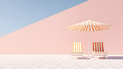 Lounge chairs under striped beach umbrella against pastel background