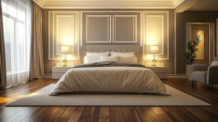 Elegant bedroom with sleek king sized bed and warm lighting