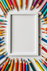 Fototapeta premium Blank white frame surrounded by colorful pencils and stationery for creative mockup design