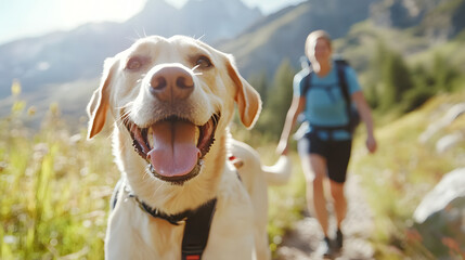 Happy dog running alongside its owner on sunny trail in nature