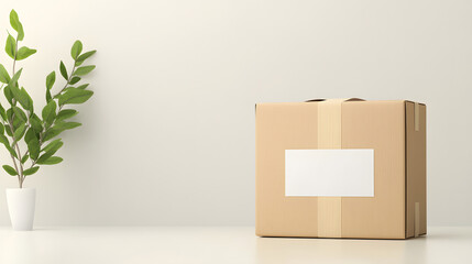 cardboard box with blank label sits on table beside green plant, creating minimalist and organized atmosphere