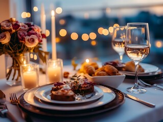 Romantic dinner table with candles and roses in a cozy evening ambiance