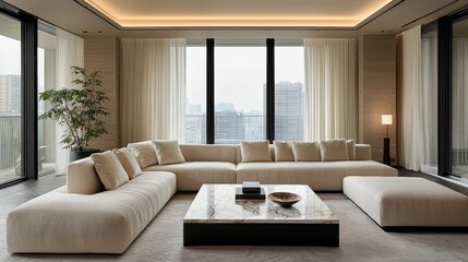 Modern Beige Sectional Sofa in Luxury Apartment with City View