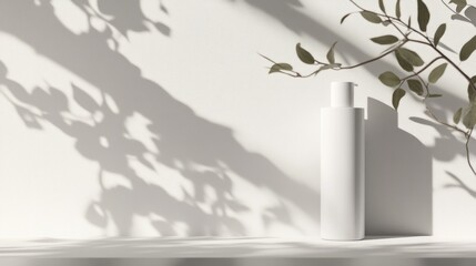 White cosmetic bottle mockup on shelf with plant shadow.