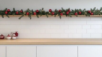 Christmas kitchen decor with garland, red ornaments, and white subway tile backsplash.