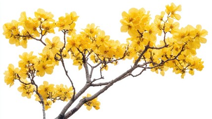 Bright yellow blooms of a tree in full bloom, isolated on a clean white background, ideal for use as textures or natural patterns.
