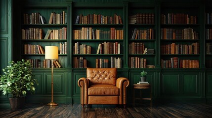 Luxurious Leather Armchair in a Classic Green Library with Bookshelves