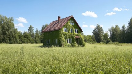 Obraz premium Tranquil country escape, a serene house nestled in field of tall grass secluded