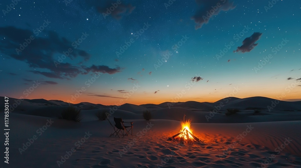 Wall mural Campfire embers glow against the soft silhouette of dunes, as dusk fades and a deep star-filled sky blankets the serene desert