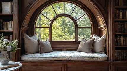 Fototapeta premium Serene Library Window Seat with Cushions Bookshelves and Natural Light
