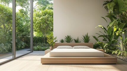 Serene Modern Bedroom Design Wooden Platform Bed Lush Greenery and Garden View
