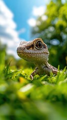 Obraz premium A close-up of a lizard resting on green grass under a blue sky.