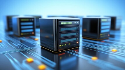 Fototapeta premium Multiple servers interconnected on a vibrant blue network infrastructure servers