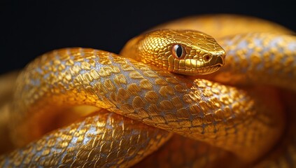 Fototapeta premium Golden serpent coiled elegantly with shimmering scales under soft light, showcasing intricate details of texture and color against a dark background