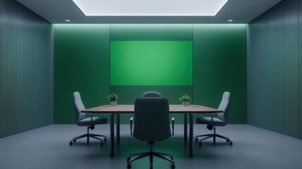 Fototapeta premium Modern meeting room with green walls and a wooden table for collaborative discussions
