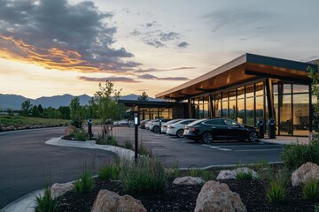 Naklejka premium Electric vehicle charging hub community gathering at scenic location modern infrastructure serene environment eye-level perspective