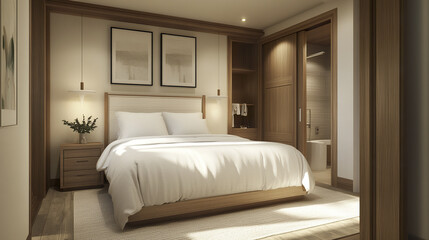 Contemporary bedroom with soft white bedding and wooden accents