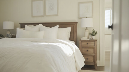 Cozy bedroom with soft white bedding and wooden furniture