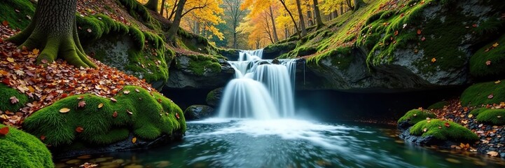 Waterfalls cascading over mossy rocks with fall leaves, , waterfall, green