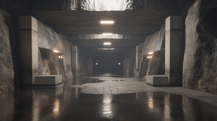 Dimly Lit Underground Tunnel with Water Reflection
