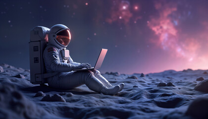 Astronaut sits on moonlike surface working on laptop. Spaceman in spacesuit uses laptop in galaxy. Futuristic tech in cosmos. Scene shows work in space. Science, tech concept illustration. Person