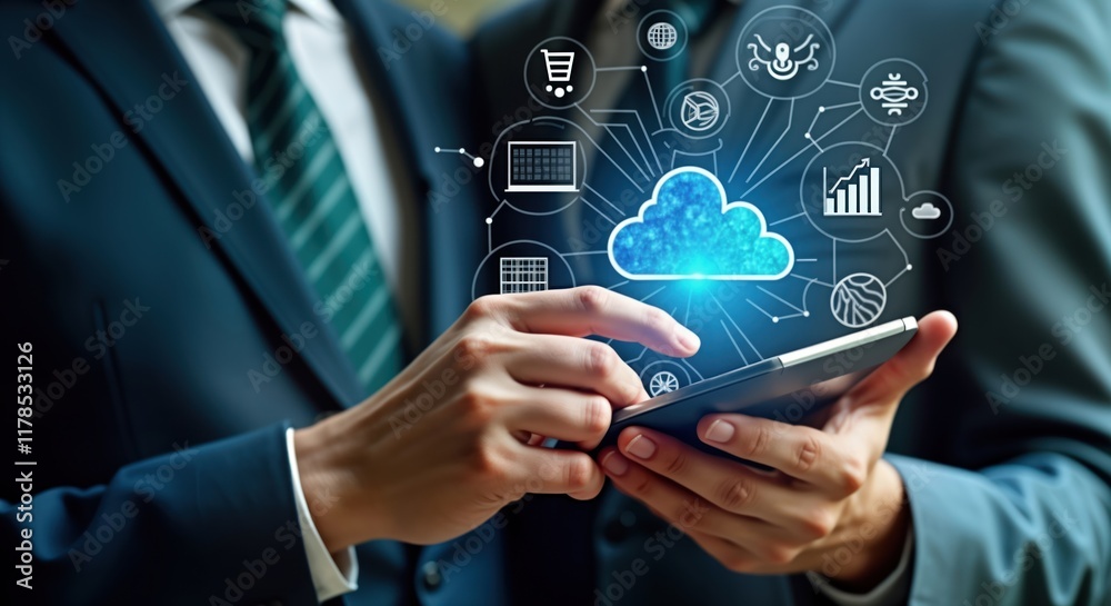 Poster Businessman uses smartphone showing virtual cloud computing tech transformation. Mobile phone interacts with global network of data, icons. Digital transformation. Cloud tech management with big data