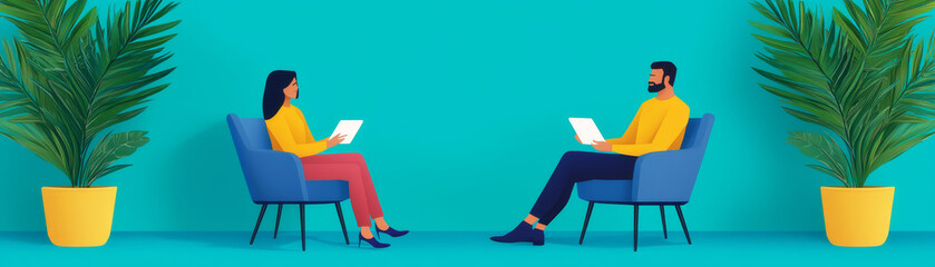 Two people sit in vibrant chairs, engaging with tablets, surrounded by lush greenery against a bright turquoise backdrop.