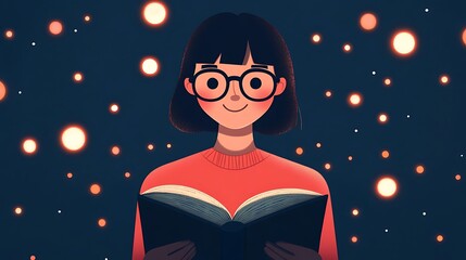 Cartoon character with glasses joyfully reading a Braille book, surrounded by glowing orbs of light, embodying a sense of wonder and exploration in a nighttime atmosphere.